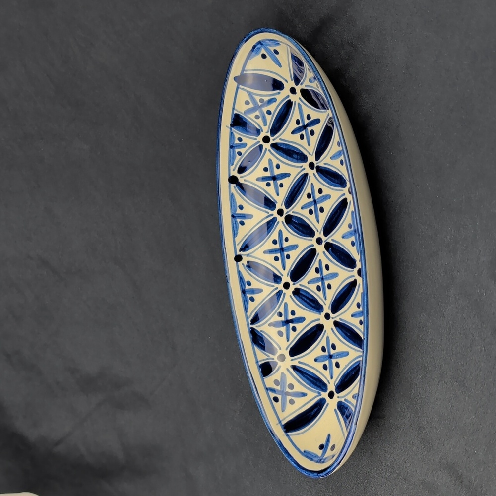 Hand-Painted Blue & White Ceramic Oval Tray by